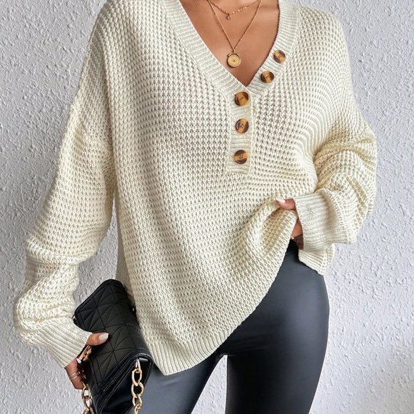 Apricot Casual Womens Half Button Drop Shoulder Waffle Knit Sweater - Picture 7 of 7